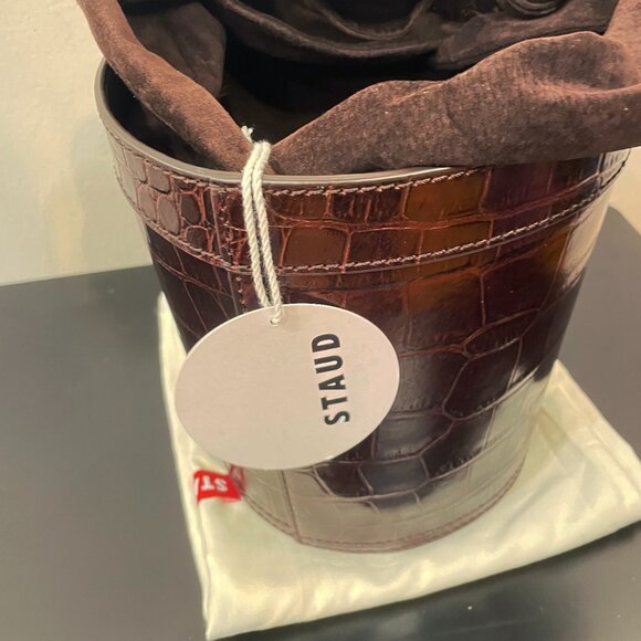 New Staud Britt Croc-Effect Leather & Suede Bucket Bag Brown $375 - Picture 6 of 8